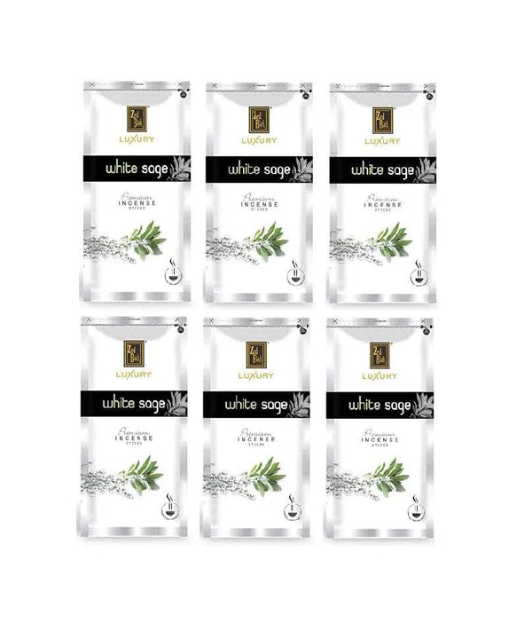 Assorted display of six luxury agarbatti incense pouches labeled white sage