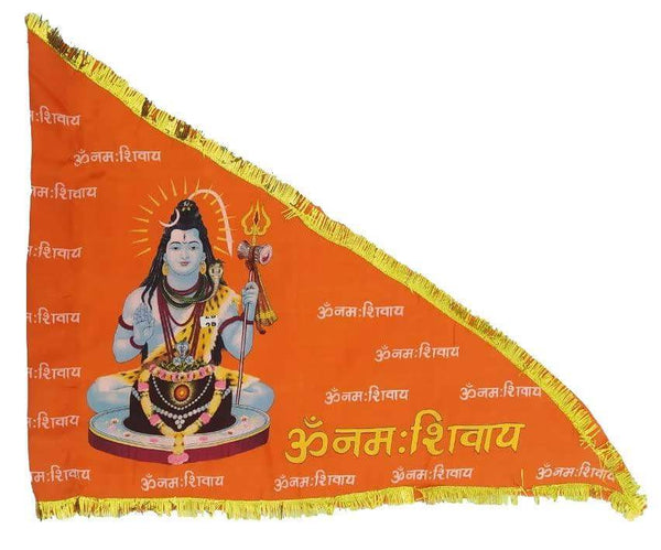 Triangular orange religious flag with Lord Shiva illustration and gold fringe trim