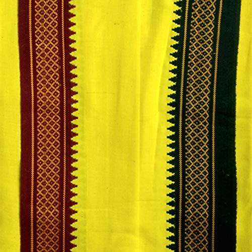Close-up of yellow gamcha/patka with maroon stripe and dark geometric border