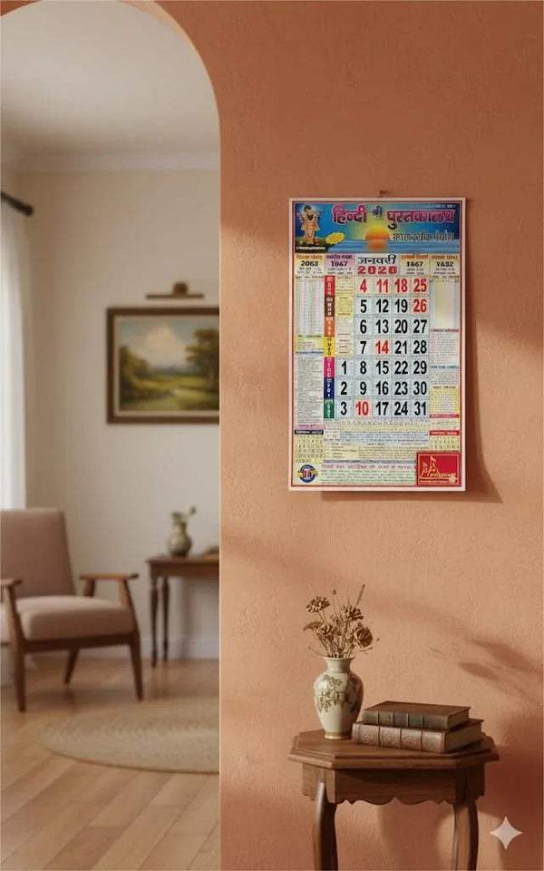 Framed wall calendar with colorful monthly date grid and border