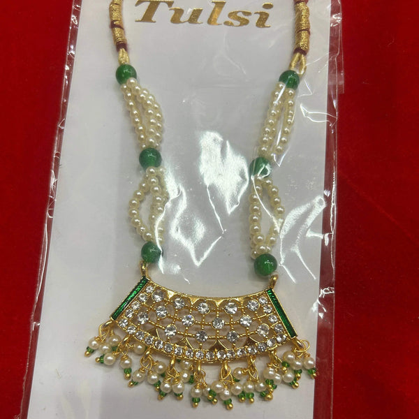 Gold-tone shringar necklace with green bead strings and jeweled pendant fringe