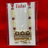 Temple idol puja garland with gold jeweled panel, pearl-like beads, and red bead strings
