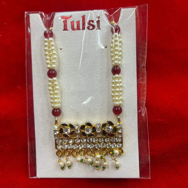 Temple idol puja garland with gold jeweled panel, pearl-like beads, and red bead strings