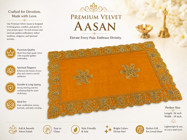 Luxury Designer Velvet Embroidered Yellow Pooja Aasan Cloth for Mandir | Premium Altar Cover for Temple, Puja Chowki, Home Shrine & Diwali Decoration