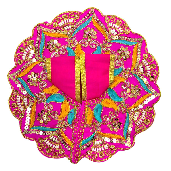 Fuchsia embroidered poshak dress with gold trim, embellished border and colorful appliques