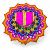 Embroidered deity poshak dress with magenta center cloth and purple-blue floral fan