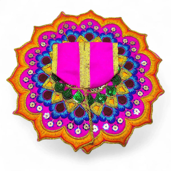 Embroidered deity poshak dress with magenta center cloth and purple-blue floral fan