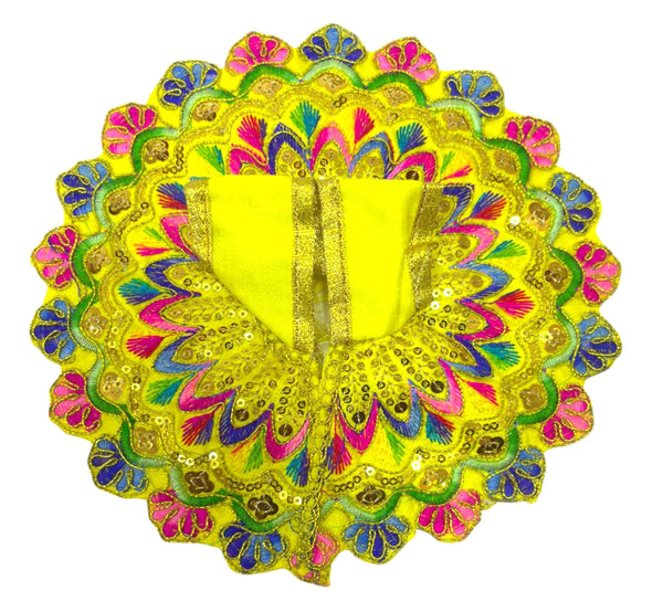 Yellow and gold embroidered baby poshak with circular multicolor fan border