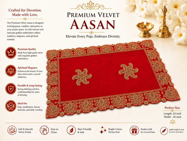Red velvet pooja asan cloth with gold embroidered edge and corner crosses