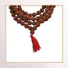 Brown rudraksha bead mala with red tassel, angled loop shape