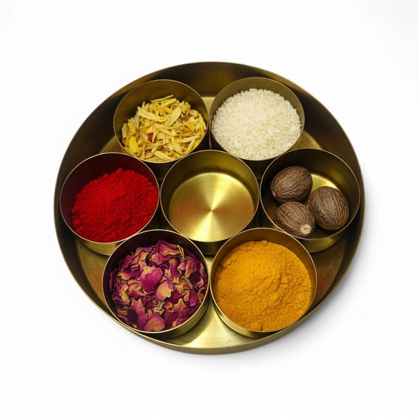 Achleshwar Brass Pooja Box | 7 Dibbi Set for Roli, Chawal, Haldi, Kumkum, Sindoor, Chandan, Turmeric | Traditional Brass Pooja Dani with Lid Holder for Festivals, Vrat & Daily Puja modified this title