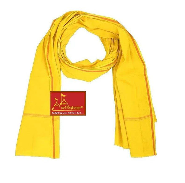 Yellow cotton patka/scarf with orange border stripe and small red emblem label