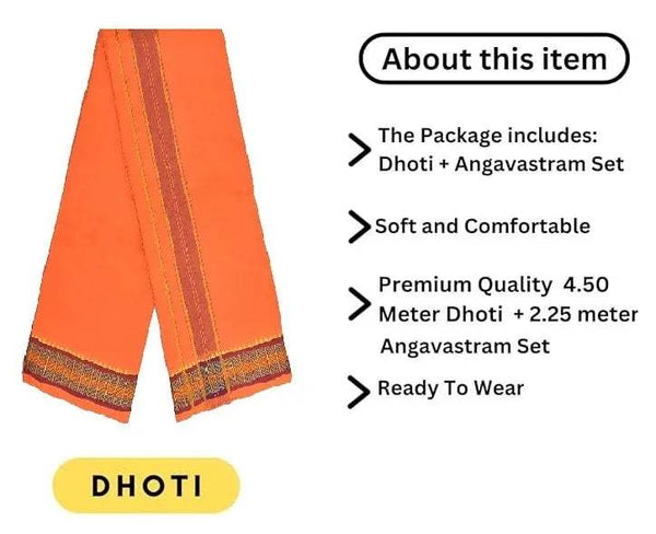 Orange angavastram with gold vertical stripe and patterned woven hem