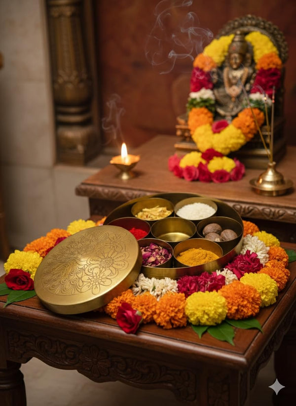 Achleshwar Brass Pooja Box | 7 Dibbi Set for Roli, Chawal, Haldi, Kumkum, Sindoor, Chandan, Turmeric | Traditional Brass Pooja Dani with Lid Holder for Festivals, Vrat & Daily Puja modified this title