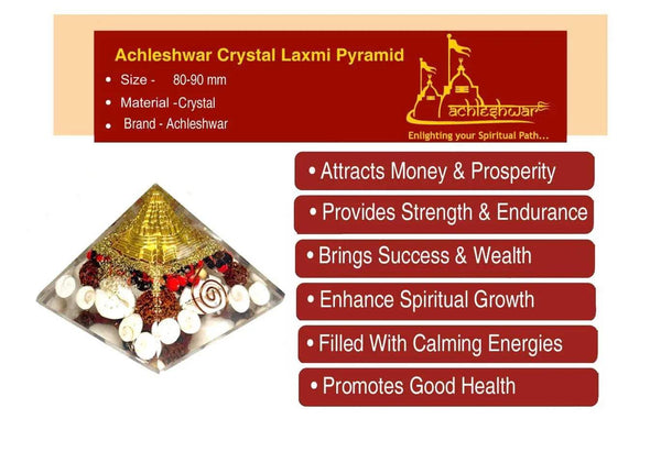 Crystal Laxmi pyramid graphic with golden pyramid and feature list