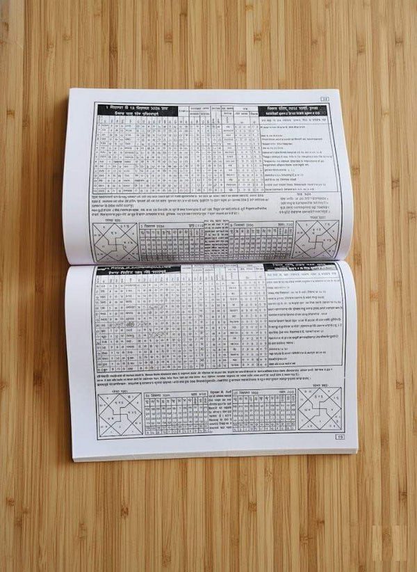 Open panchang book with printed tables and grid charts on two pages