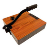 Square roti press machine with wooden base, black handle, and metal plate detail.