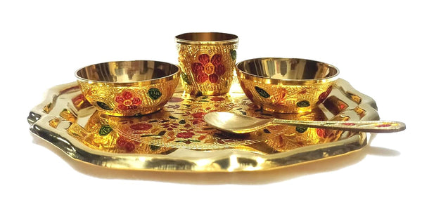 Pure Brass Laddu Gopal Pooja Bhog Set of 5 Pcs Thali Set (1 Dessert Plate/Thali + 2 Bowl + 1 Glass + 1 Spoon)