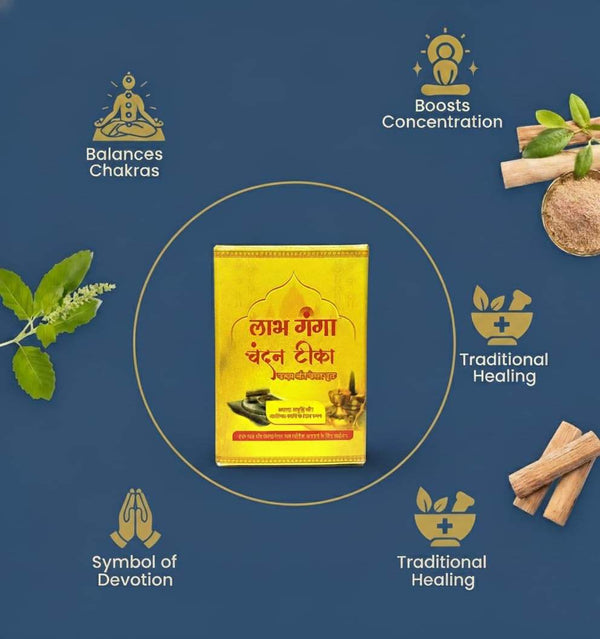 Labhganga Chandan Tika box, yellow with printed emblem.