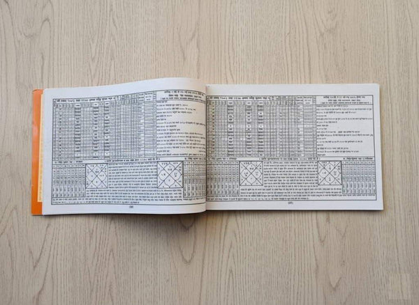 Open devotional booklet with printed tables and text on two pages