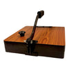 Square wooden roti press with upright black handle, round knob, and metal mount.