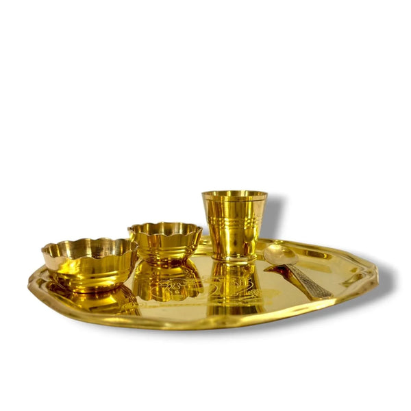 Pure Brass Bhog Thali Set, 5 Pieces, Designer Bhog Set with Bowls, Glass and Spoon 7 inch - Achleshwar