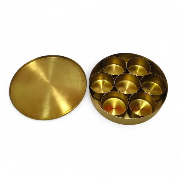 Brass Pooja Box | 7 Dibbi Set for Roli, Chawal, Haldi, Kumkum, Sindoor, Chandan, Turmeric | Traditional Brass Pooja Dani with Lid Holder for Festivals, Vrat & Daily Puja modified this title - Achleshwar