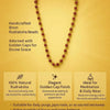 Rudraksha bead necklace with golden caps, long strand of dark red-brown beads.