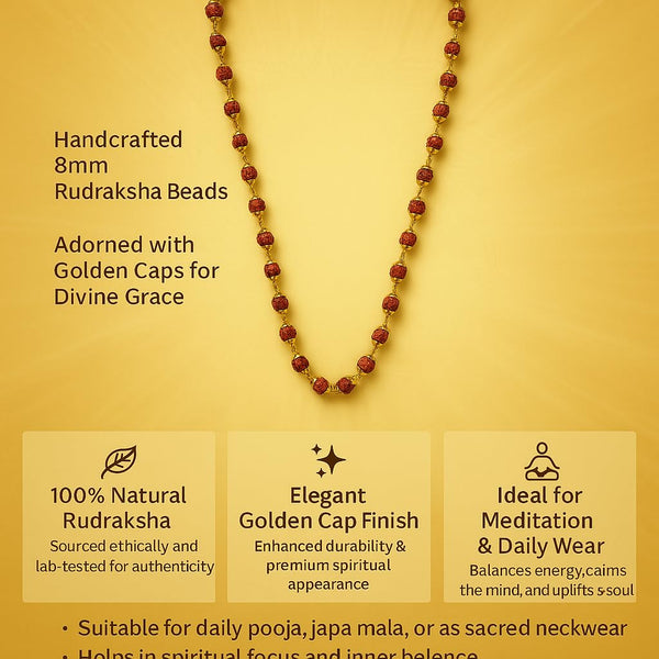 Achleshwar 8mm Rudraksha Mala with Golden Caps