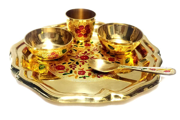 Pure Brass Laddu Gopal Pooja Bhog Set of 5 Pcs Thali Set (1 Dessert Plate/Thali + 2 Bowl + 1 Glass + 1 Spoon)