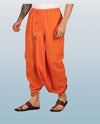 Orange cotton dhoti with gathered drawstring waist and gold vertical embroidery
