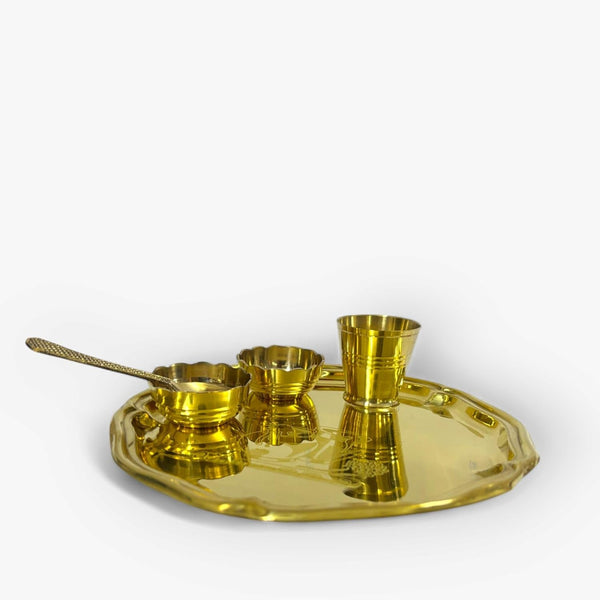 Achleshwar Pure Brass Bhog Thali Set, 5 Pieces, Designer Bhog Set with Bowls, Glass and Spoon 6 inch