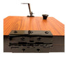 Close-up of wooden roti press top with black hinge bar and screw fixtures.
