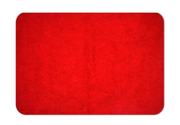 Red woolen pooja mat top view with rounded corners and logo patch