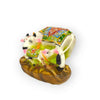 Cow and calf figurine with multicolored cloth, pink ears, and curved white horns