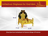 Gold-plated brass singhasan with peacock topper; size graphic shown.