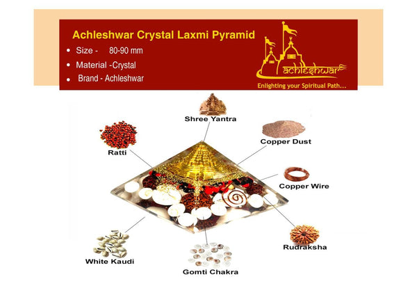 Achleshwar Crystal Laxmi Pyramid for Vastu, Wealth, Luck, 80-90 MM, with Rudraksha, Shree Yantra, Gomati Chakra labcertified