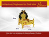 Gold-plated brass singhasan with peacock topper; size graphic shown.