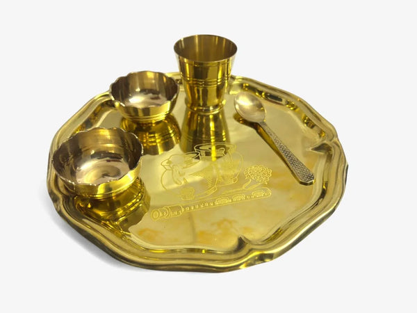 Pure Brass Pooja/Bhog Thali Set, 5 Pieces, Designer Bhog Set with Bowls, Glass and Spoon 8inch - Achleshwar