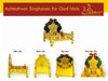 Gold-plated brass singhasan shown from side, back, top, and close-up views.