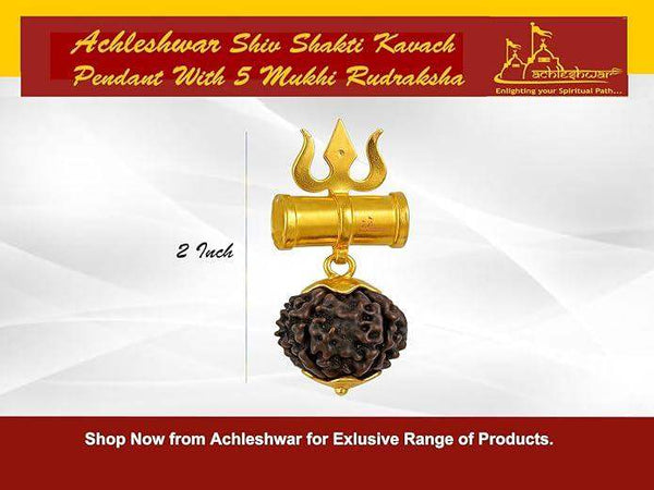 Gold trident pendant with dark rudraksha bead, shown with size label