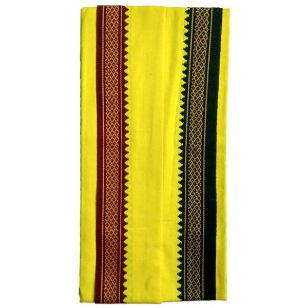 Yellow gamcha/patka folded with vertical maroon stripe and dark patterned side border