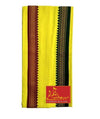 Yellow gamcha/patka folded with maroon and dark stripe borders and red label