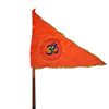 Orange triangular dhwaj flag with blue OM emblem and gold fringe