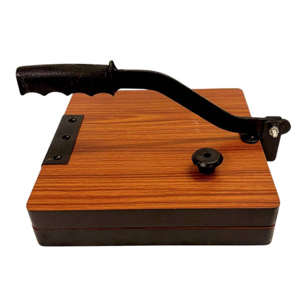 Square wooden roti press board with black handle and iron latch, 9 inch style.