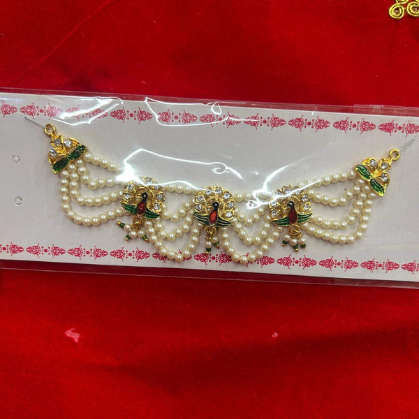 Pearl and gold-tone traditional shringar garland with green and red jewels