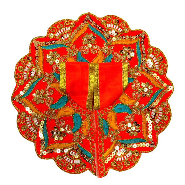 Red embroidered poshak dress with gold vertical center strip and teal appliques