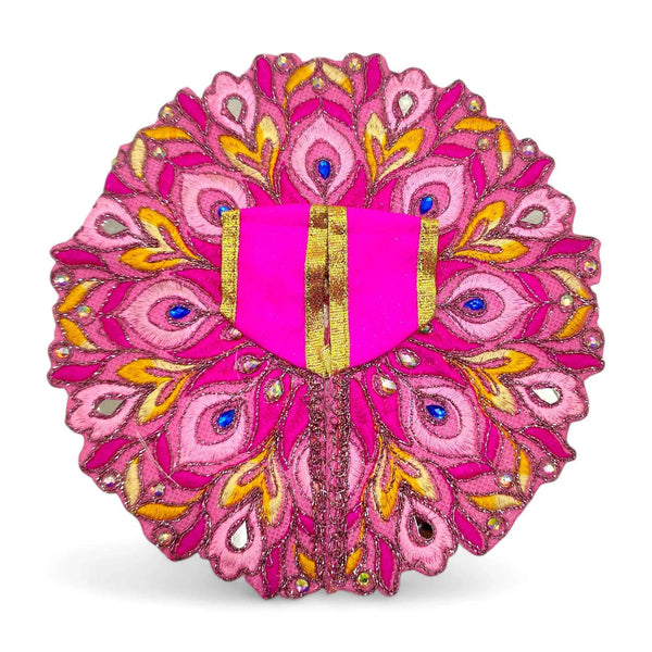Embroidered pink circular poshak with peacock embroidery and gold central stripes