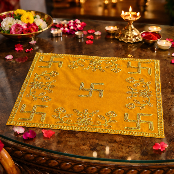 Designer Square Velvet Embroidered Yellow Pooja Aasan Cloth for Mandir | Premium Altar Cover for Temple, Puja Chowki, Home Shrine & Diwali Decoration