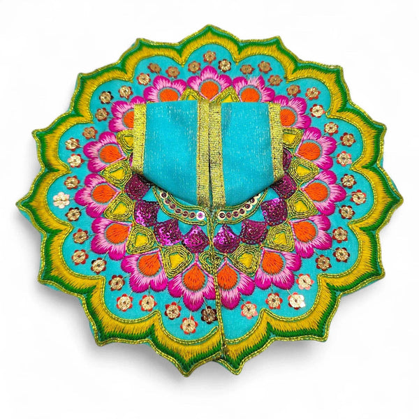 Embroidered deity poshak dress with turquoise base and blue-pink floral fan border